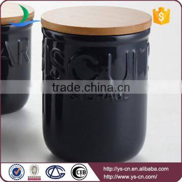 Ceramic Black 3pcs Unique Canister Sets With Wooden Lid photo-3