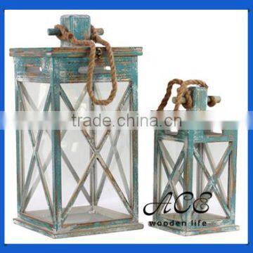 Shabby Wooden Lantern with Rope for Home Decoration