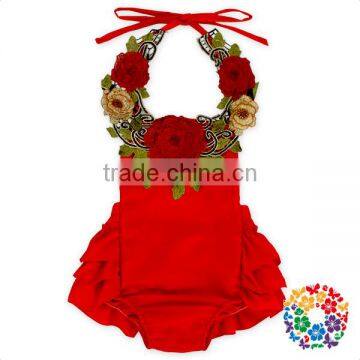 Red Embroidery Flower Halter Backless Boho Newborn Baby Vintage Romper