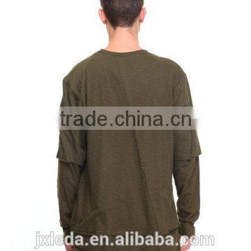 Pieced Layered Construction Raw Mens Athleisure Crew Neck Collar Longline Tees photo-4