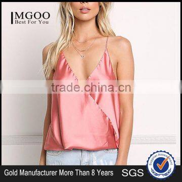 MGOO Foshan Factory Made Pink Satin Cami Sleeveless Strap Girls V Neck Summer Tops Women Blouses