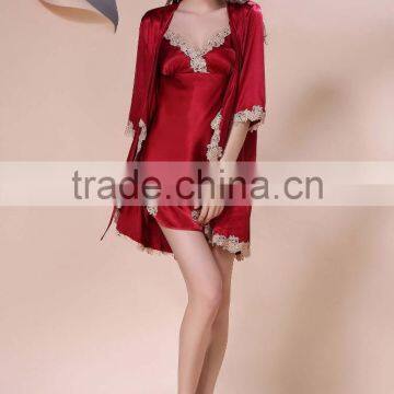 Ms summer sexy female emulation silk pajamas, silk nightgown embroidered condole shorts long-sleeved gown three suits