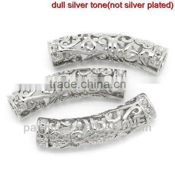 Copper Spacer Beads Curved Tube Silver Tone "Love"& Heart Pattern Hollow 29mmx9mm,Hole:Approx 4.4mm,5PCs,Customize