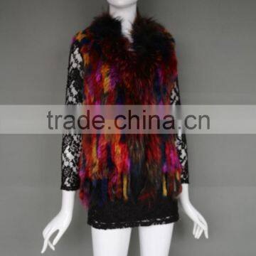 Hot New Design Women's Raccoon Fur Collar Dazzle Colour Rabbit Fur Vest for Spring and Autumn