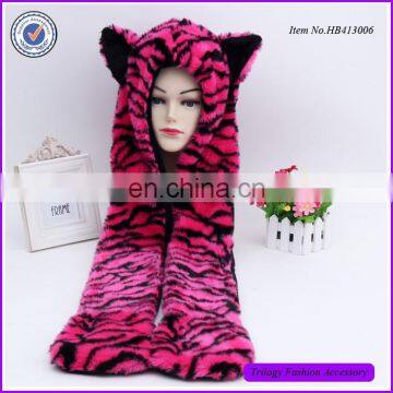 Zoo Souvenir Gift Children Winter Scarf Gloves Hat Set Faux Tiger Fur Animal Hoods