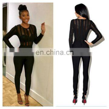 2017 new black long sleeve O neck Tulle see through long bandage jumpsuit