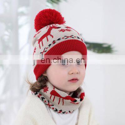 2Pcs/SET Christmas Deer Knitted Baby Hat Circle Scarf Set Winter Warm Beanie Caps Pom Pom Infant Bonnet Cap for Girl Boy 0-3Y photo-2