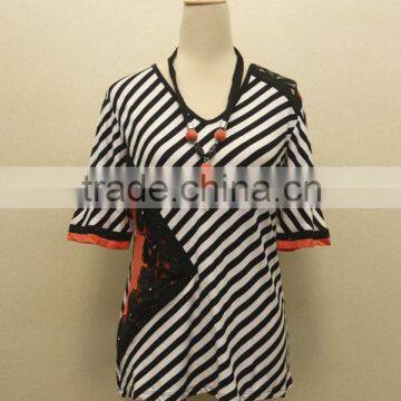 fashion lace black-and-white stripe plus size blouse for woman