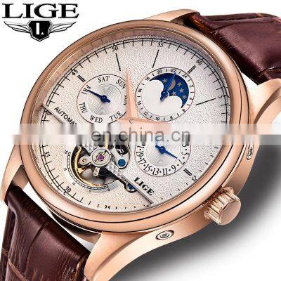 Lige 6826 Moon Phase Men Mechanical Watches Tourbillon Waterproof Fashion Leather Luxury Mens Automatic Watch