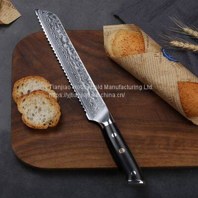 Triple Rivet Collection 8 Inch 67 Layer Damascus Stainless Steel Bread Knife With Black G10