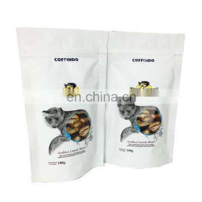 Custom print matt white laminated plastic alumimun foil coffee bean packaging bag stand up coffee pouch with zip lock