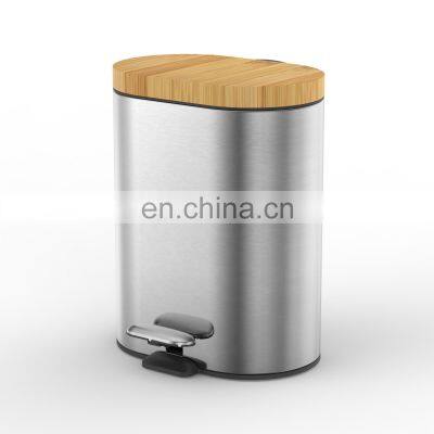 6L Bamboo Lid Trash Bin Oval Shape Pedal Soft Close Silver Stainless Steel Color