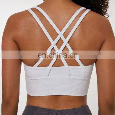 Custom New 75% Nylon 25% Spandex Thread Fabric Ladies Gym Wear Strappy Sports Bra Top Fitness Bra for Women photo-3