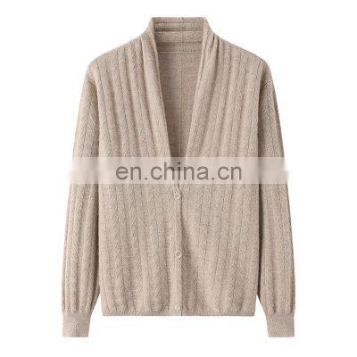 Wholesale Ladies V-Neck Pure Cashmere Sweater Casual Chevron Pattern Autumn Season Button Decoration