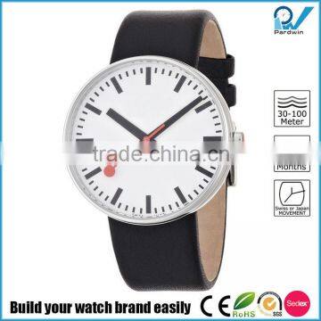 3ATM business casual red second hand black hand display mode stainless steel case watch with genuine leather starp watch