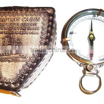 SOLID BRASS NAUTICAL MAP READER COMPASS - MAGNIFYING GLASS COMPASS WITH LEATHER CASE 13526