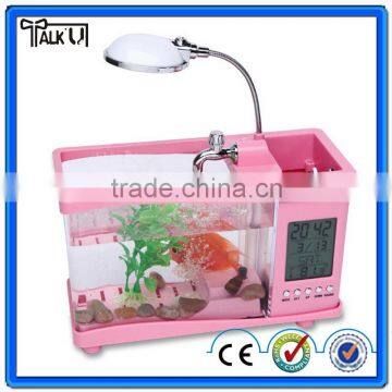 Mini desktop USB aquarium with lamp,multifunction plastic mini aquarium with pen holder,USB desk aquarium with electronic calend