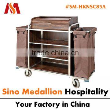 Resorts Hotel Wooden Steel Material Double Bags Hotel Guestroom Housekeeping Serive Trolley