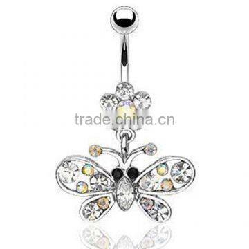 Surgical flower Butterfly With Multi Gem Dangle Navel Belly Ring