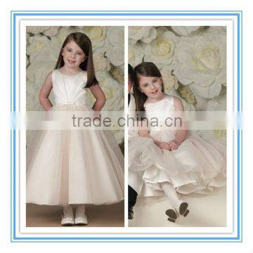 Sleeveless Satin Pleated Bow Flower Girl Tulle Dress(FLMO3022)