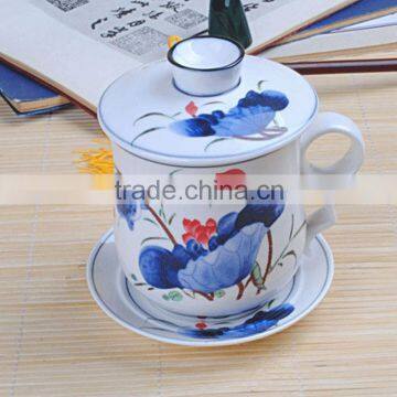 ceramic tea mug set with filter and lid with blue and white decal porcelain tea set