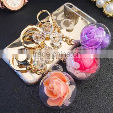 New Arrive Big Ball Inside With Crystal Flower Key Rings Pearl Keychain For Car Bag Key Chains Accessories