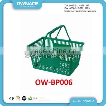 Green Color Sturdy 30L Double Handles Plastic Square Supermarket Shopping Basket