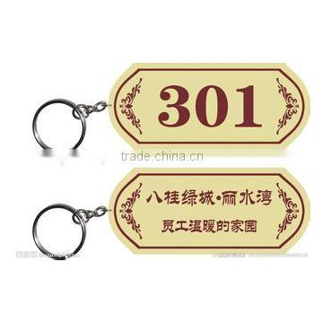 Company logo keychain with name and house number