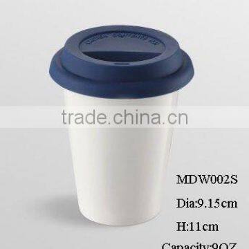 9oz eco-friendly reusable double wall porcelain thermal cup w/ silicone lid glossy finish