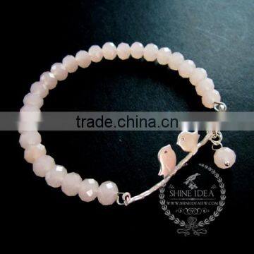 silver bird on branch charm summer ice pink faceted glass beads fashion women wiring bangle bracelet 6490038