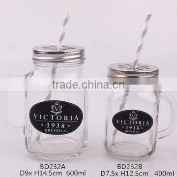 Glass Mason Jar With Metal Lid and Paper Straw