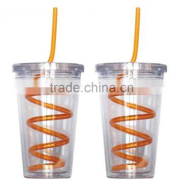 Single Wall Insulated Plastic Drink Cup Glass w Curly Crazy Straw Travel Tumbler photo-4