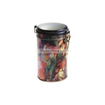 Round coffee tin can with plastic lid