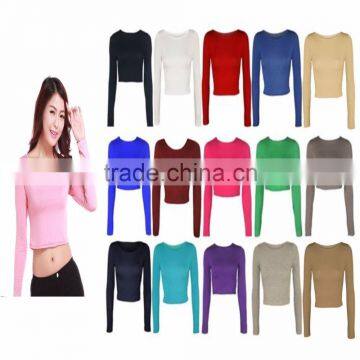 Wholesale Women Crop Top Sweat Suit Basic Long Sleeve T Shirt Ladies Short Plain Round Neck Crop Top