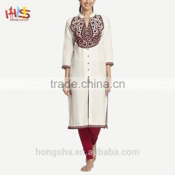 Latest Rayon Ladies Women Kurta Designs Long Pakistani Off-White Embroidered Kurti for Women HSd7582