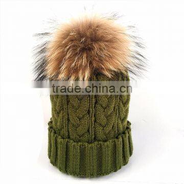 Myfur Khaki Green Wool Knitting Cap and Hat for Adults With Real Raccoon Fur Pom Pom