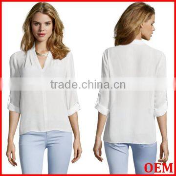 100% Polyester long sleeve v neck blouse Hi-low woman blouse