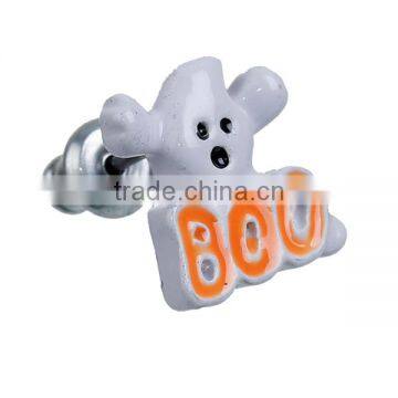 Ear Studs Earrings White & Orange Halloween Ghost Message Boo " Carved x 11mm photo-2