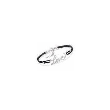 Sterling Silver Bangle Bracelet , Stylish Girls Black Leather Love Bracelet