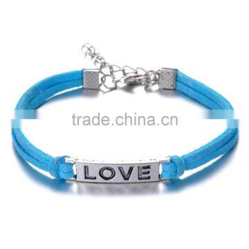 2PCs Wax Cord Silver Alloy Love Word Faux Suede Leather Cord Charm Bracelets