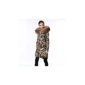 Fashion good quality long style camouflage lady fur coat