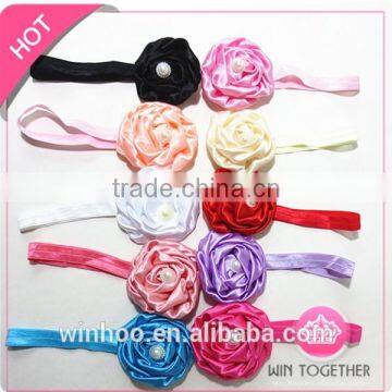 2015 hottest elastic peony flower hairband, satin flower with bead