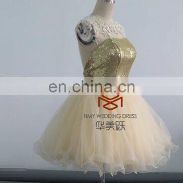 Short Free Prom Dress Girls Cheap Dresses HMY-CDA034 Puffy Skirt Gold Sequin Short Feather Cocktail Dress