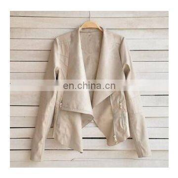 2015 fashion loose beige jacket ladies leather coat