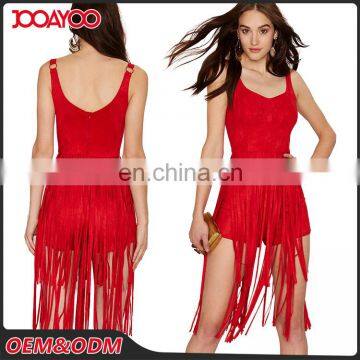 2016 V-neckline Adjustable Shoulder Straps Red Fringes Romper Sleeveless Bodycon Ladies Jumpsuit