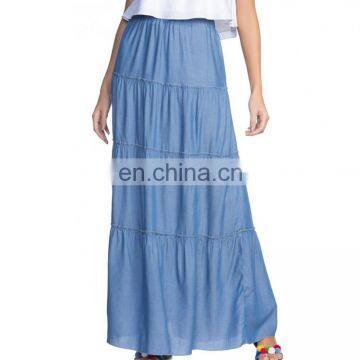 2017 100%Viscose Light Blue Ladies Western Skirt Plain Dyed Summer Casual Long Skirts