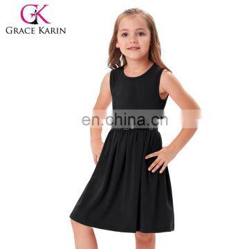 Grace Karin Girls Children Sleeveless Crew Neck Black Color Cotton Dress Kids Party Dress With Belt CL008990-1