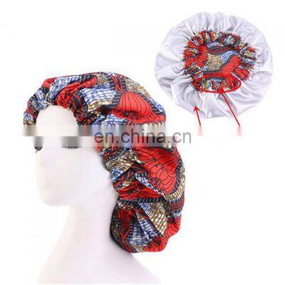 Ready To Ship Satin Material Double Layer African Print Bonnets With Adjustable Elastic Band