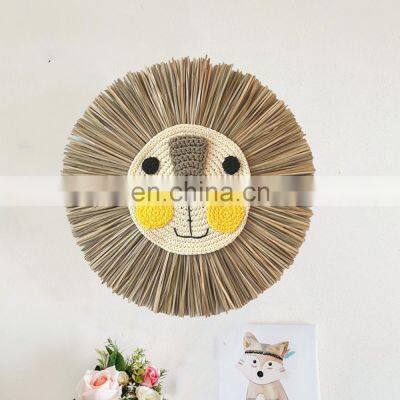 Handcrafted Lion Face Seagrass Wall Hanging Decoration Straw Rustic Art Decor Cheap Wholesale