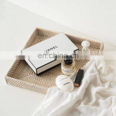 White Woven Rattan Square Tray, Straw Serving Tray, Decorative Boho Tray for Table Decor